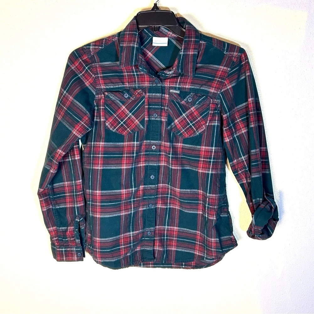Columbia Women M Button Up Top Micro-Corduroy 100% Cotton Green Red White Plaid